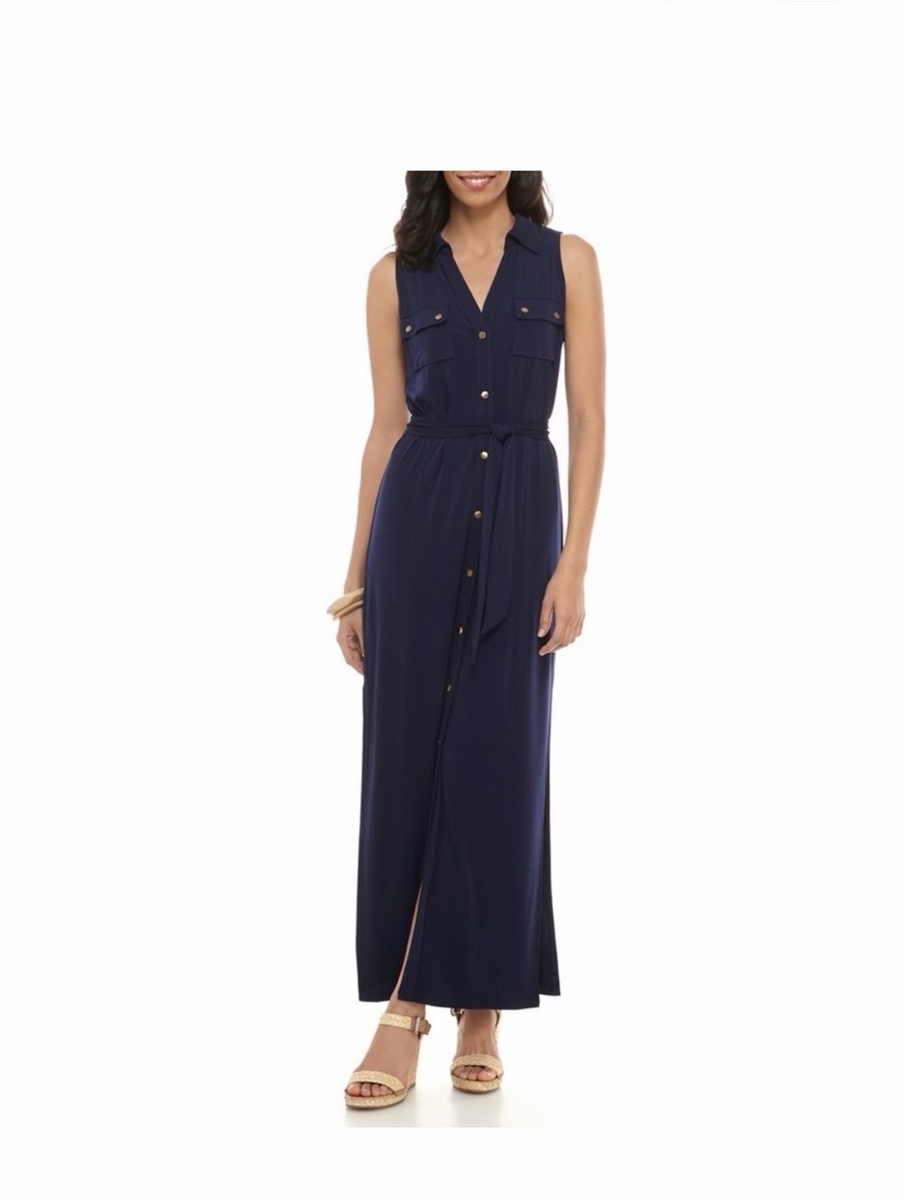 Michael Kors Navy Sleeveless Button-Front Maxi Dress with Tie Waist